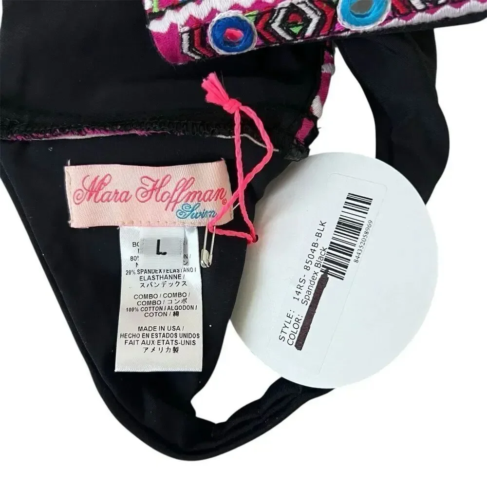Mara Hoffman Strapless Bandeau Bikini Top Black Embroidered NEW Size L
